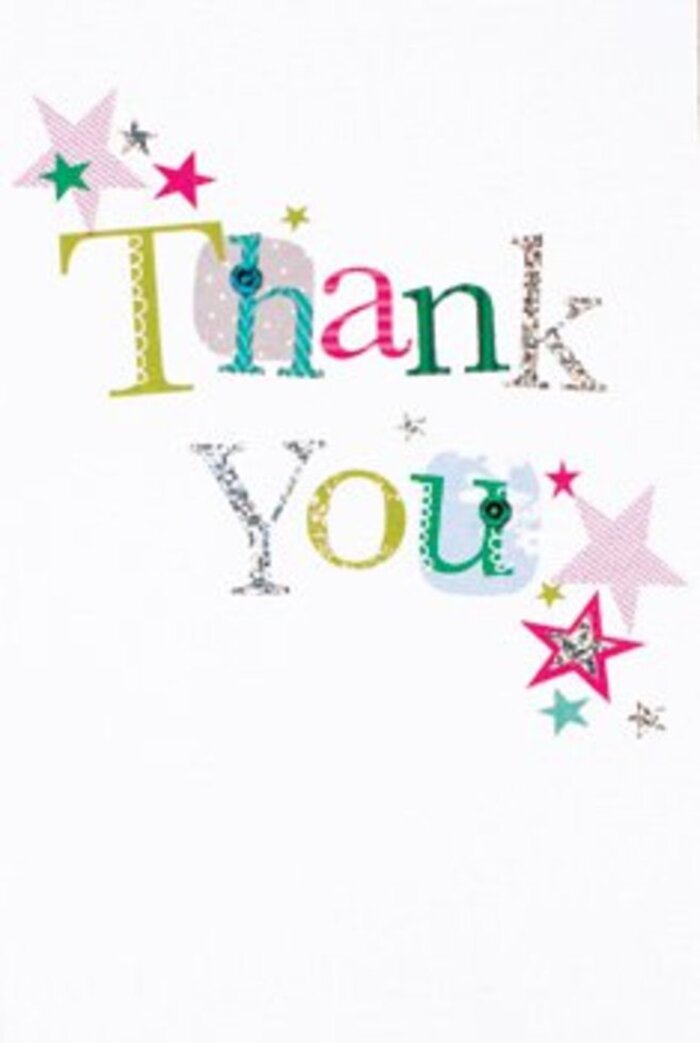 With its elegant arrangement of lively letters, this thank you card possesses a quietly radiant confidence-much like the sleek, panoramic views of Canary Wharf after dawn. Each letter is distinct: whimsical curves, playful dots and stitched embellishments give every character a personality, rendered in bold yet harmonious hues of pink, turquoise, and gentle silver, recalling the art installations and floral plantings gracing the estate's green spaces. Clusters of vibrant stars linger nearby, filled with swirling stripes and gleaming metallics, resembling the sparkle of city lights reflected on water at twilight. The composition breathes with openness; against the fresh white backdrop, each element has room to shine, invoking the spacious, urban landscapes of Montgomery Square. Neither too formal nor overly casual, this card's balance is ideal for any thank you-perfect after gatherings at local cafés or as a gesture of appreciation for the community's hard-working residents. As a florist serving Canary Wharf, I can see this card set beside a luxurious arrangement as an unforgettable companion piece. It speaks volumes of gratitude-thoughtful, contemporary, and as memorable as the vibrant, living city that inspired it.